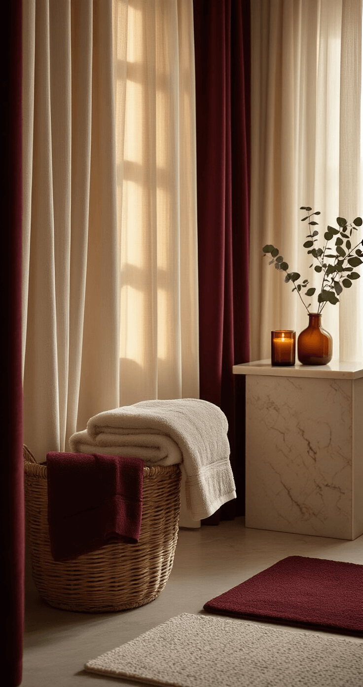 Cinematic bathroom interior illuminated by golden morning light, featuring a minimalist cream marble vanity, vintage rattan basket with plush burgundy and cream towels, amber glass votives, subtle eucalyptus in terracotta vase, waffle-weave cream shower curtain, and warm terracotta bath mat, all showcasing a rich autumn color palette and layered textures.