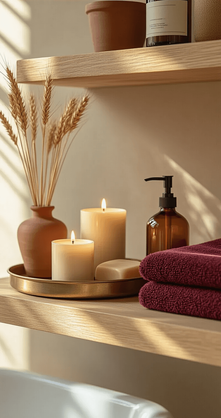 Close-up of a layered bathroom shelf featuring a vintage brass tray with battery-operated candles, a terracotta pot with dried wheat, an amber glass soap dispenser, and a folded burgundy hand towel, all illuminated by warm side lighting that enhances the autumn color palette and casts dramatic shadows.