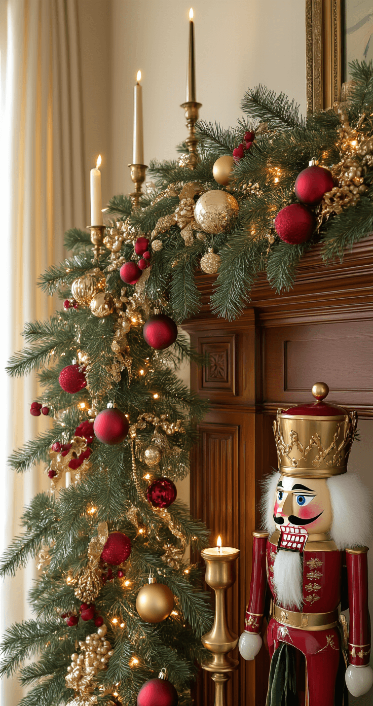 Ultra-detailed overhead shot of a traditional Christmas mantel adorned with red and gold tones, featuring a pre-lit pine garland, vintage brass candlesticks, clustered mercury glass ornaments, and a vintage nutcracker, all under warm tungsten lighting with soft shadows and rich mahogany texture.