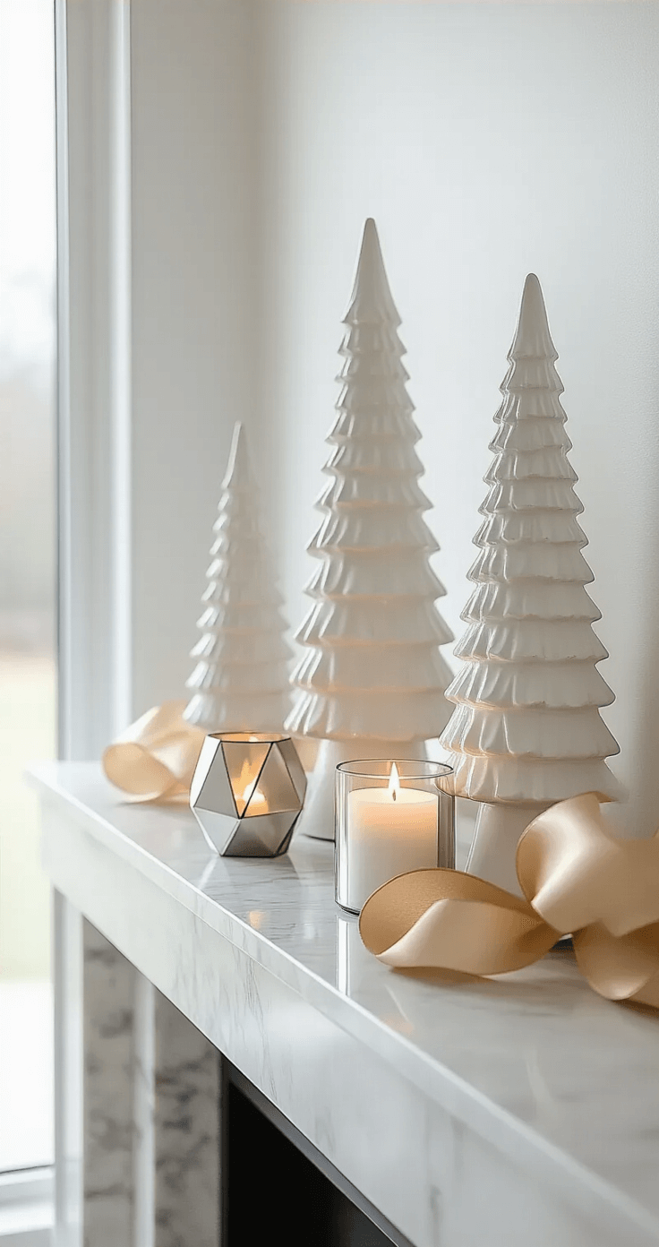 A modern minimalist mantel scene with a sleek marble mantelpiece featuring three matte white ceramic trees of varying heights, silver geometric LED candles, and an oversized champagne gold ribbon cascading across the display, all illuminated by soft natural daylight.
