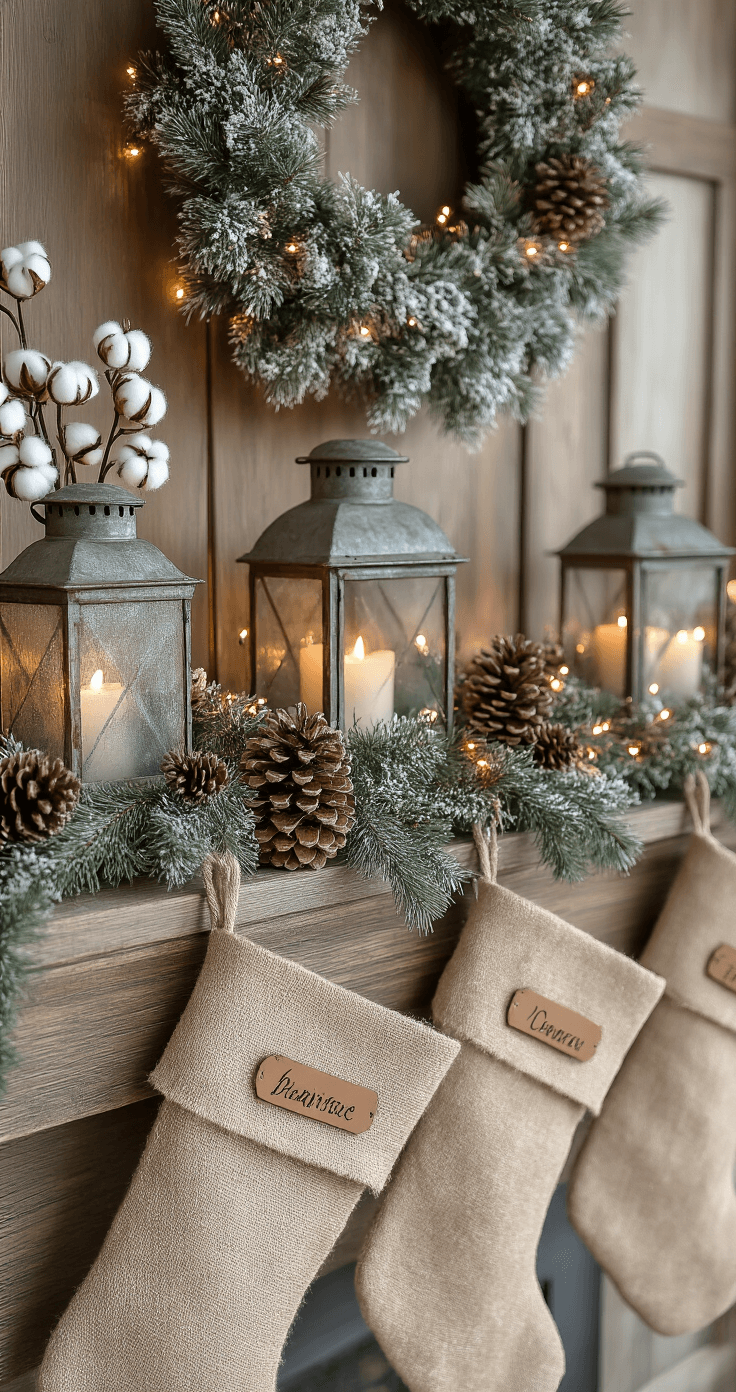 Cozy farmhouse Christmas mantel adorned with a thick flocked garland, natural pine cones, vintage metal lanterns, distressed candleholders, burlap stockings, and dried cotton stems, illuminated by warm fairy lights, showcasing a soft, nostalgic ambiance.