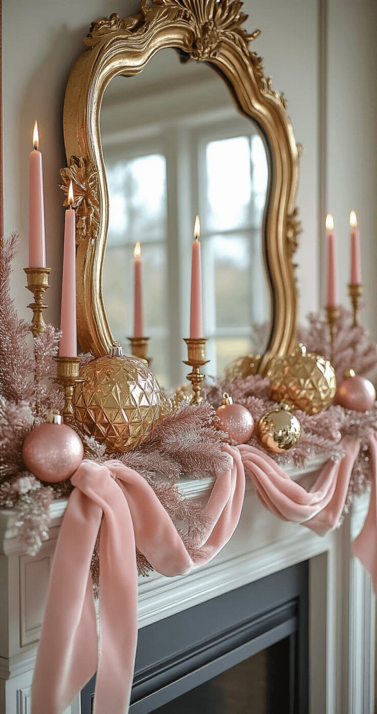 Eclectic glam mantel adorned with a pink and gold color palette, featuring vintage and modern decor elements, including blush velvet ribbon, metallic-flecked garland, art deco gold candle holders, pink glass ornaments, and an oversized hammered gold mirror, enhanced by dramatic side lighting.