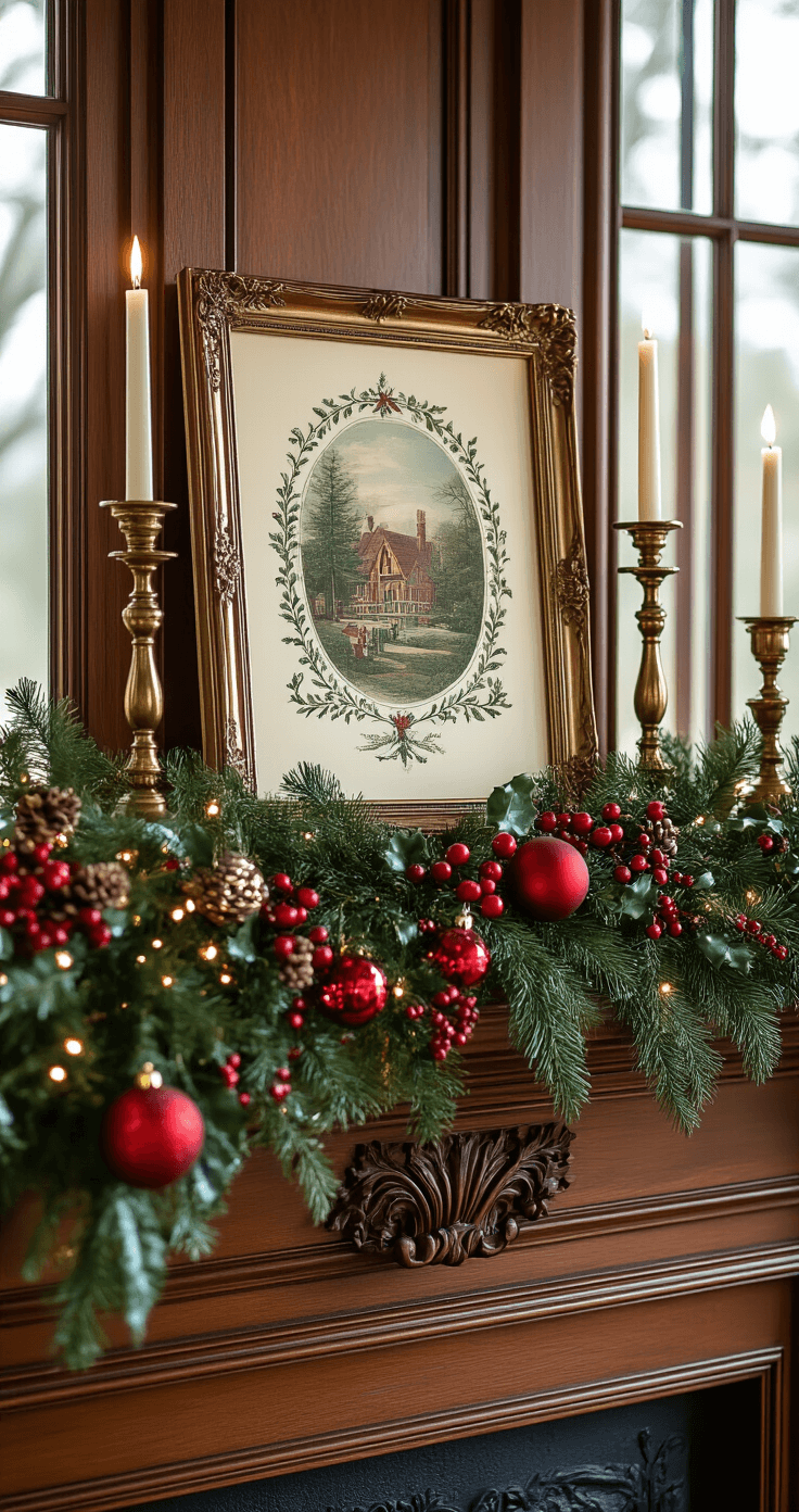 Elegant traditional mantel adorned with a lush pre-lit garland, antique brass candlesticks, vintage red glass ornaments, and a central framed Victorian Christmas illustration, bathed in warm golden evening light, highlighting the rich mahogany wood and intricate carvings.