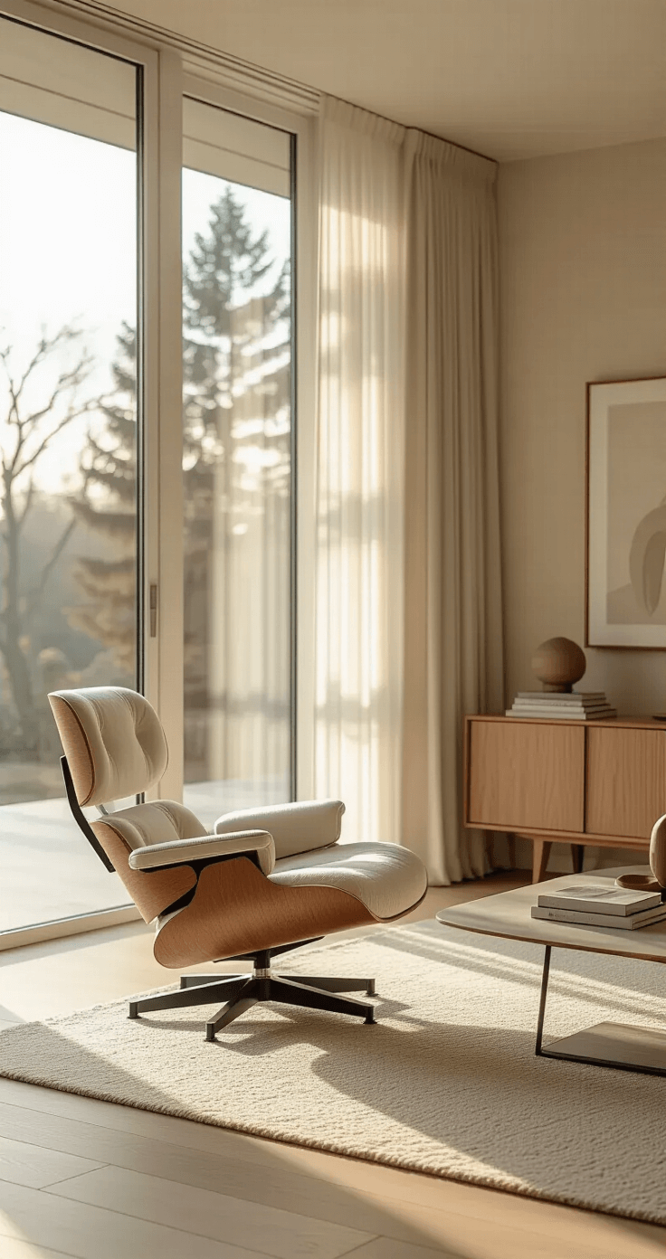 Ultra-luxe mid-century modern living room featuring dawn light filtering through floor-to-ceiling windows, pale oak hardwood floors, and a cream bouclé Eames lounge chair. The space includes a minimalist Danish credenza, a soft wool area rug with a geometric pattern, and a precision styled coffee table adorned with curated art books and ceramic sculptures, all accentuated by a soft taupe and sage green color palette.