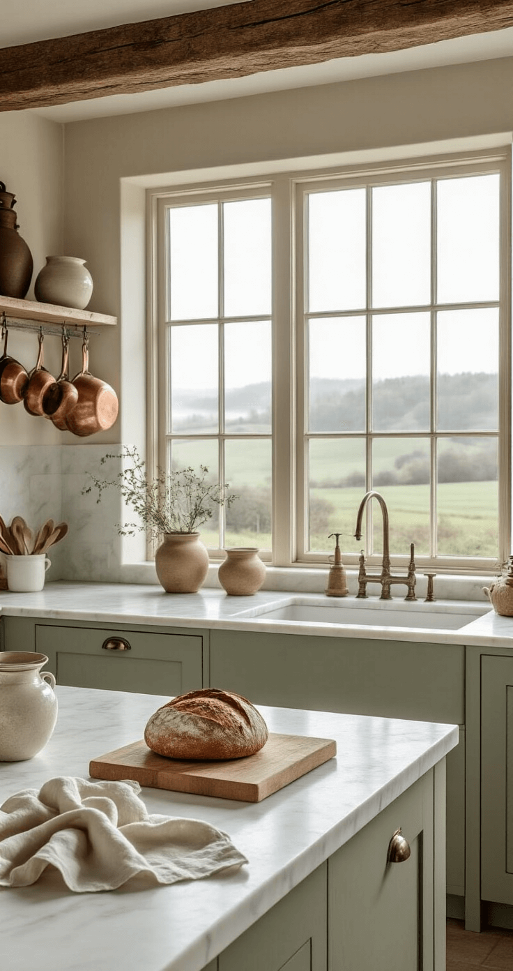 A bright Scandinavian farmhouse kitchen featuring white marble countertops, open shelving with hand-thrown ceramics, vintage copper cookware hanging from an aged oak beam, and large windows with views of misty countryside. Fresh sourdough bread rests on a marble cutting board, accompanied by casually draped linen tea towels, all within a muted sage and warm cream color palette, illuminated by soft morning light streaming through mullioned windows.