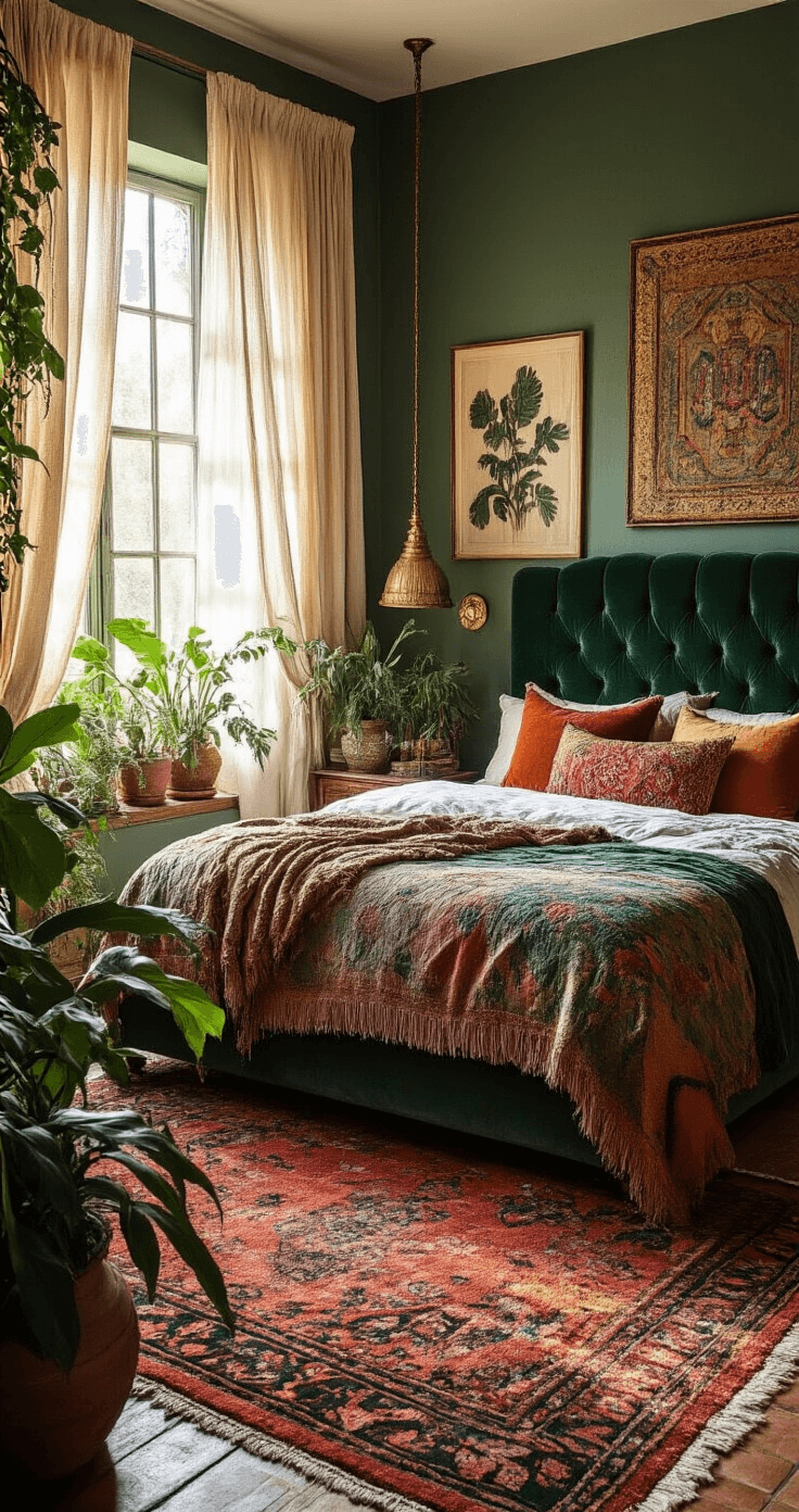A Bohemian maximalist bedroom featuring a jewel-toned velvet headboard, layered global textiles, a handwoven Moroccan berber rug, and an eclectic art collection illuminated by soft golden hour light filtering through sheer linen curtains, complemented by trailing houseplants and a vintage brass floor lamp.