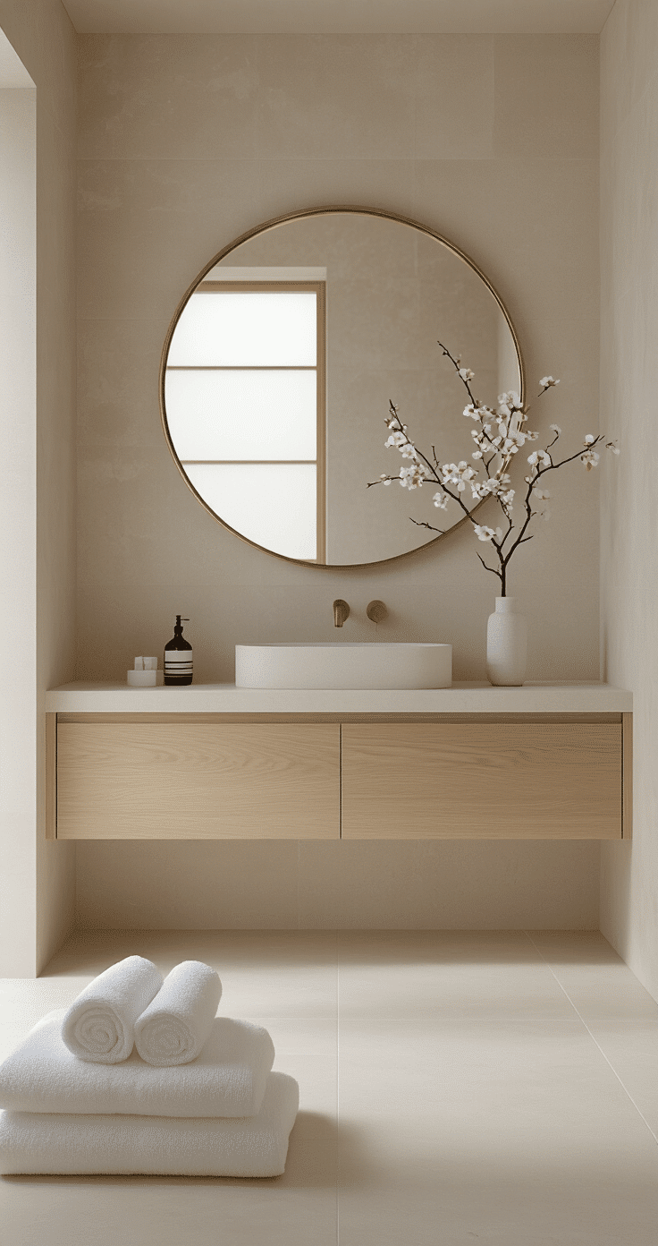 A serene minimalist Japanese-inspired zen bathroom featuring pale limestone tiles, a floating white oak vanity, and a circular brass-framed mirror, complemented by a single sculptural ikebana flower arrangement. Soft natural light filters through a frosted glass window, illuminating the monochromatic palette of warm whites and pale grays, with perfectly folded white towels and precise architectural lines creating a high-end spa-like atmosphere.