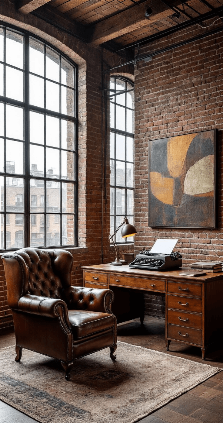 Industrial loft home office featuring exposed brick walls, large steel-framed windows, a vintage leather Chesterfield armchair, and a mid-century modern walnut desk, thoughtfully styled with a vintage typewriter and leather-bound notebooks, illuminated by soft morning light, in a warm cognac and charcoal gray color palette with layered textures.