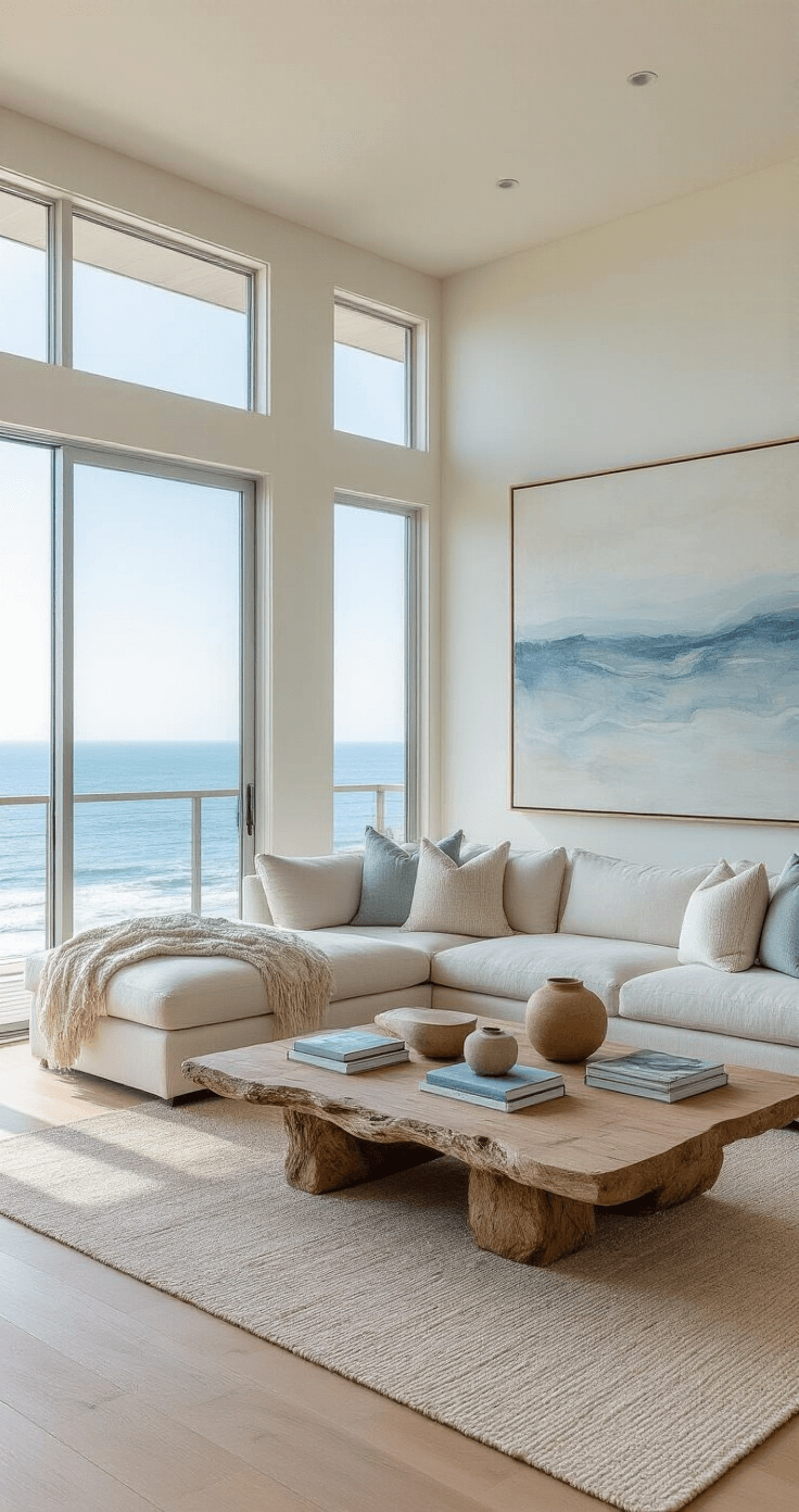 A modern coastal living room featuring massive sliding glass doors revealing a stunning Pacific Ocean view, with white oak wide-plank floors and a pale linen sectional. The space includes oversized abstract coastal artwork, a driftwood coffee table, soft throws, and a marine-inspired color palette of soft blues and sandy neutrals, all bathed in abundant natural light and accented with curated design books and ceramic objects.