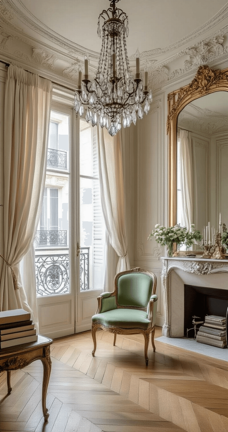 A luxurious Parisian apartment salon featuring an ornate plaster ceiling, antique herringbone wood floors, and a vintage Louis XVI chair upholstered in soft sage velvet. A massive gilded mirror and crystal chandelier adorn the space, while large French doors with intricate ironwork allow morning light to filter through sheer silk curtains. The soft neutral color palette is accented with touches of emerald and gold, and a meticulously styled antique side table holds vintage books and fresh flowers, all bathed in cinematic lighting.