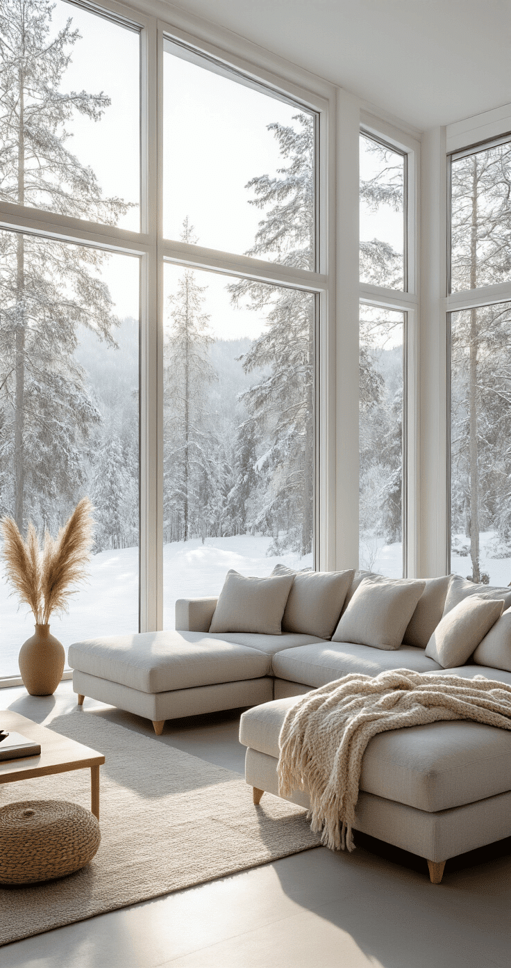 Cinematic interior of a spacious Scandinavian living room with white oak furniture and a soft gray linen sectional, featuring snow-dusted pine forest views through large floor-to-ceiling windows, morning light casting soft shadows on polished concrete floors, accented with chunky wool throws and a ceramic vase with dried pampas grass.