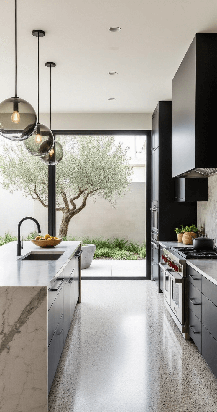 A contemporary minimalist kitchen featuring matte black cabinetry, a marble island with an integrated sink, and soft smoke gray pendant lights. High-end stainless steel appliances complement subtle terrazzo flooring, while a large window reveals an urban courtyard with sculptural olive trees. The early morning light enhances the clean architectural lines and negative space, with a professional food styling area showcasing curated ceramic cookware.