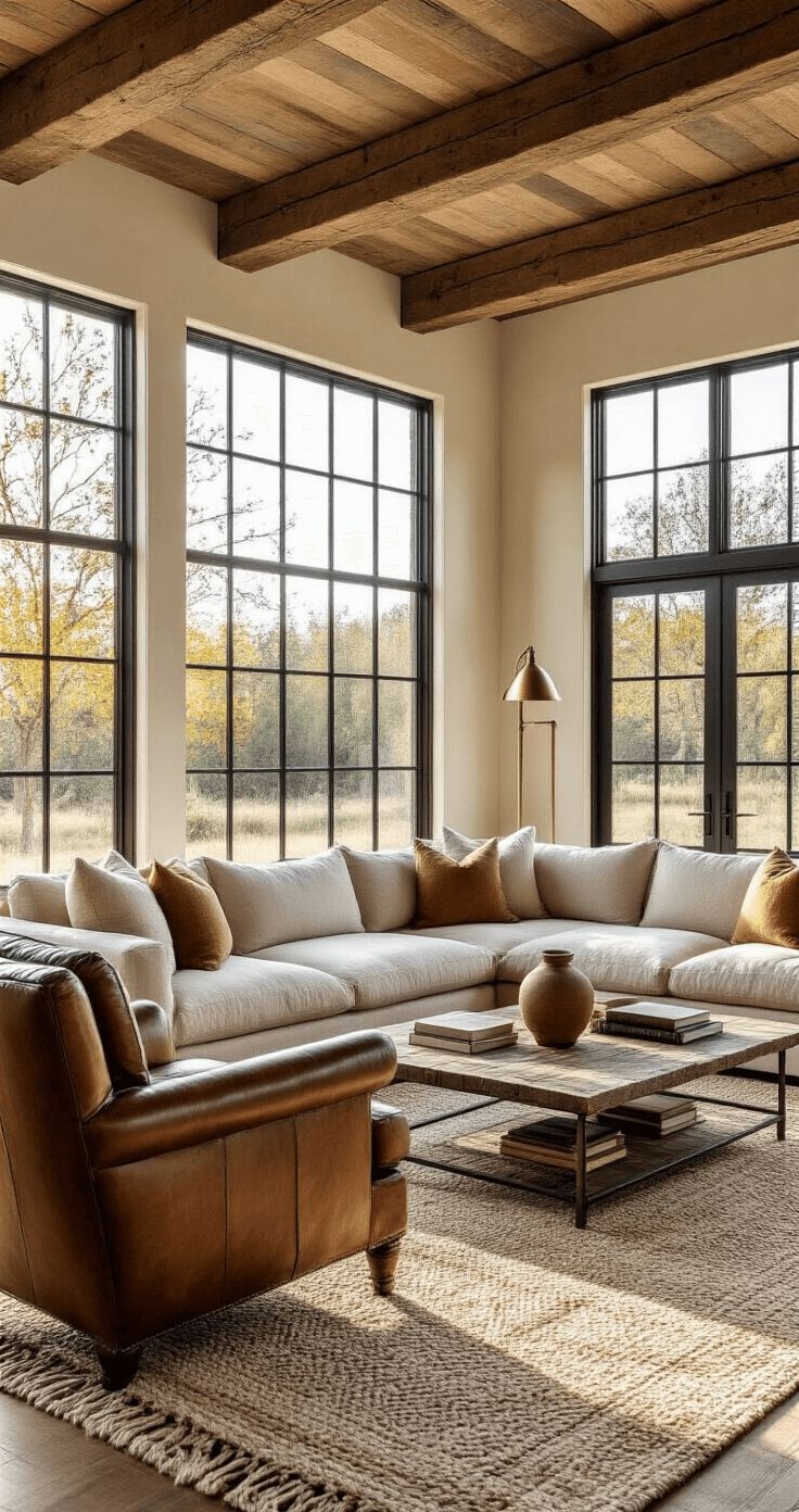 Rustic modern farmhouse living room featuring an exposed wooden beam ceiling, oversized oatmeal-colored sectional, industrial-style metal-framed windows, a vintage leather armchair, a hand-woven neutral geometric rug, an antique brass floor lamp, and a coffee table styled with artisan ceramics and vintage books, all illuminated by warm golden afternoon sunlight.