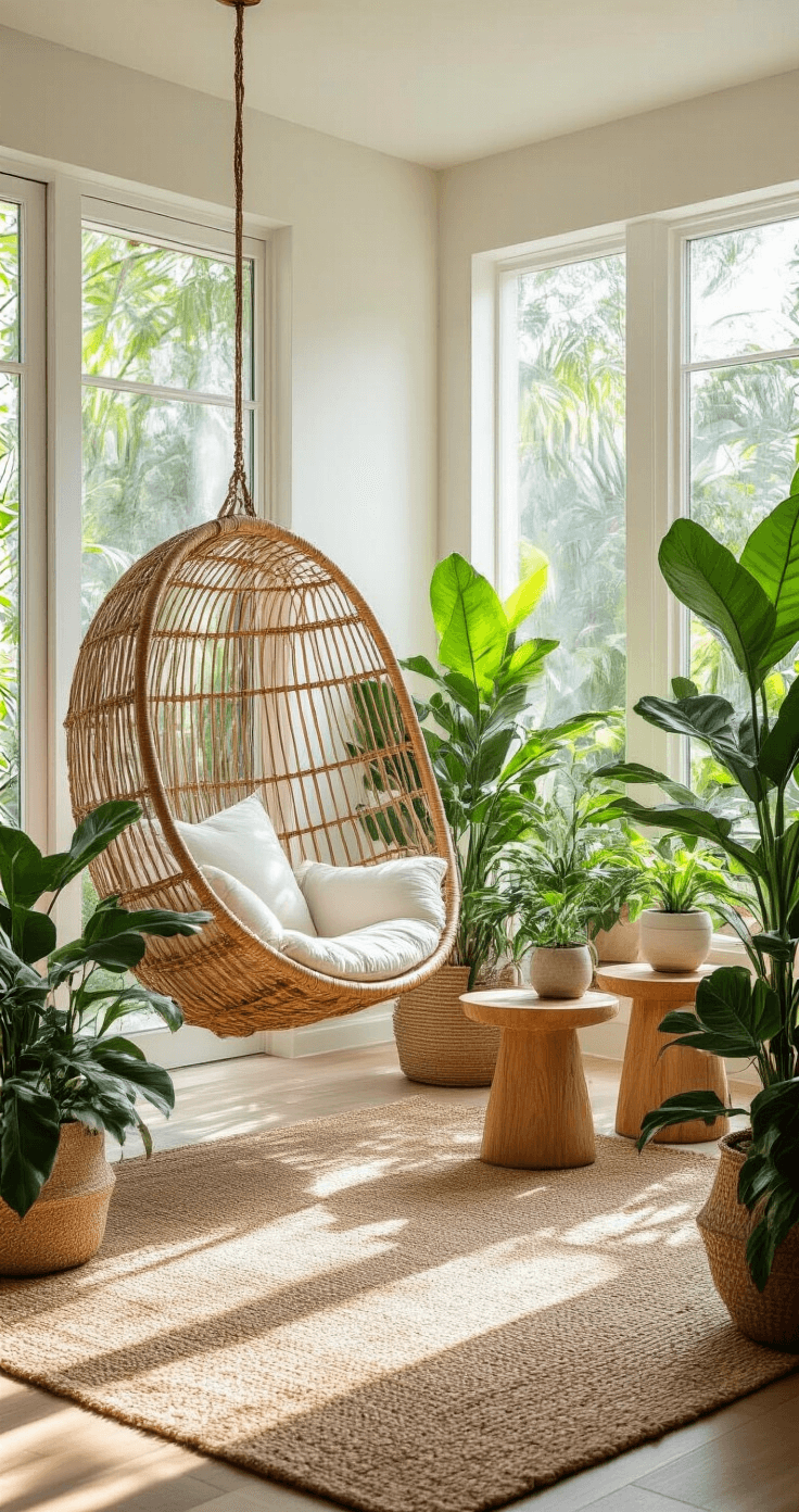 A tropical modern sunroom featuring floor-to-ceiling windows, a rattan hanging chair, and lush indoor plants like fiddle leaf figs and monsteras. The room has crisp white walls, a natural jute area rug, and mid-century modern light teak side tables. Ceramic planters display variegated plants, while soft morning light casts dramatic shadows, emphasizing organic shapes and natural textures. The low angle shot highlights the connection between indoors and outdoors.