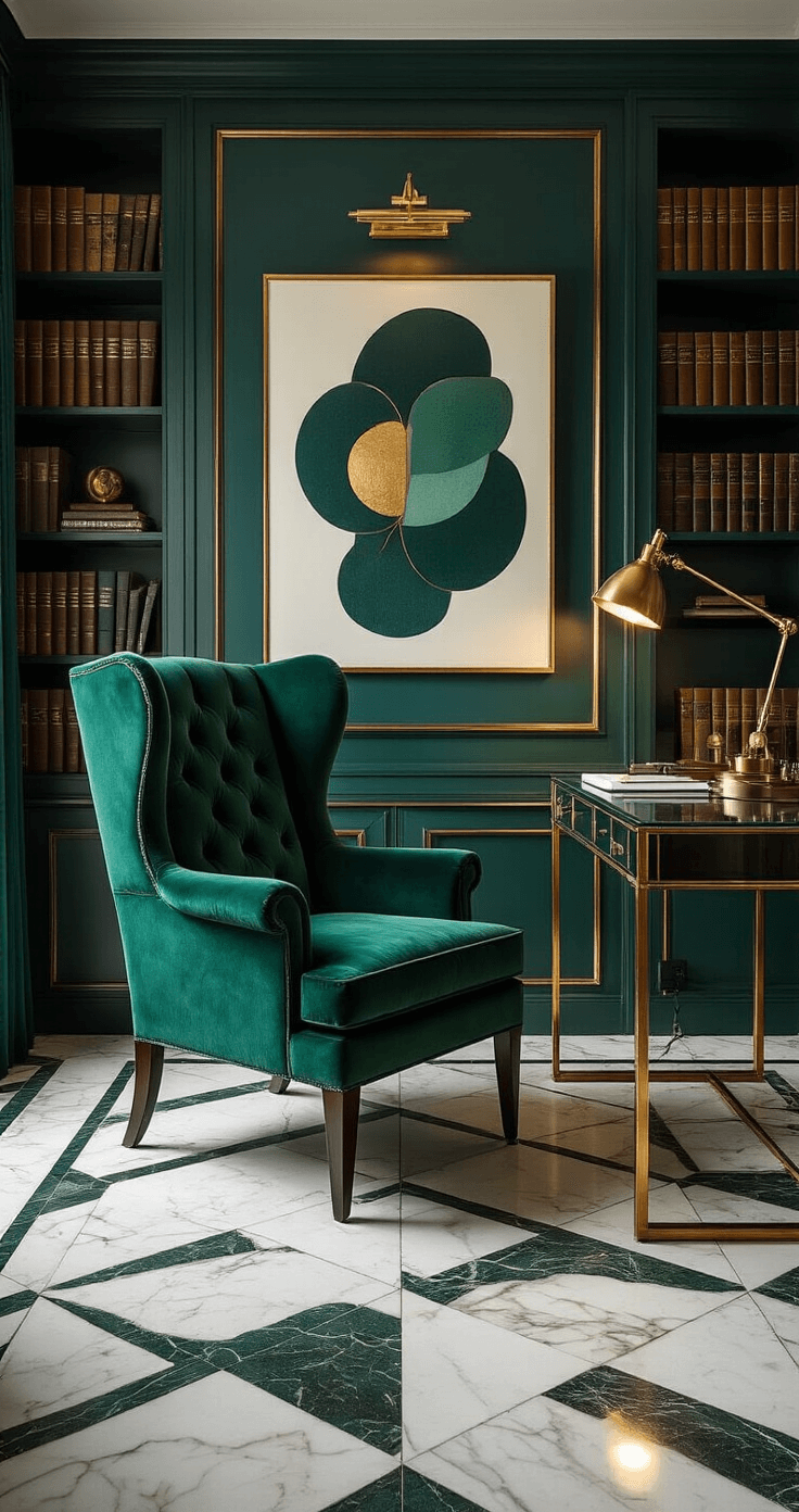 A luxurious art deco home office featuring a deep emerald green velvet wingback chair, a brass and glass desk, and abstract modern artwork, complemented by geometric marble flooring and a vintage brass task lamp, with a curated bookshelf of leather-bound volumes, rich jewel tones, and dramatic side lighting enhancing the sophisticated ambiance.