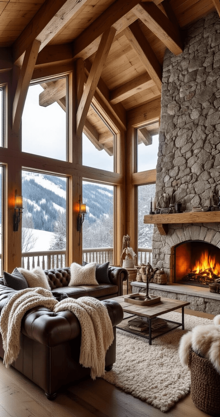 Cozy alpine cabin living room featuring a heavy timber frame, oversized stone fireplace, leather chesterfield sofa, and vintage ski decor, with snow-covered mountains visible through a large picture window, warm firelight enhancing the rustic elegance.