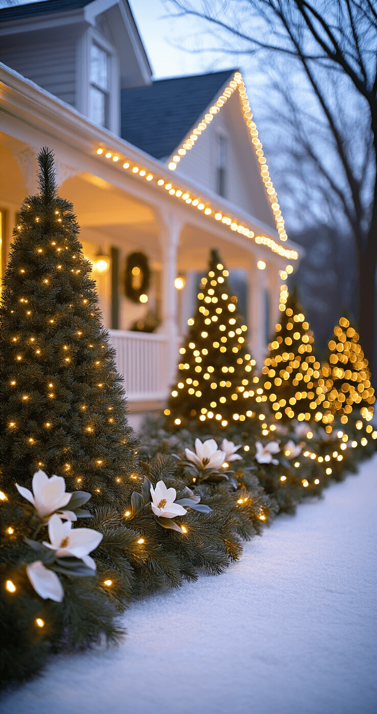 A beautifully lit front yard Christmas scene at twilight, featuring warm golden C9 lights outlining the roof, cool white string lights on evergreen trees, softly glowing pathway stake lights, and elegant magnolia and pine garlands on white porch railings, captured with a dreamy bokeh effect.