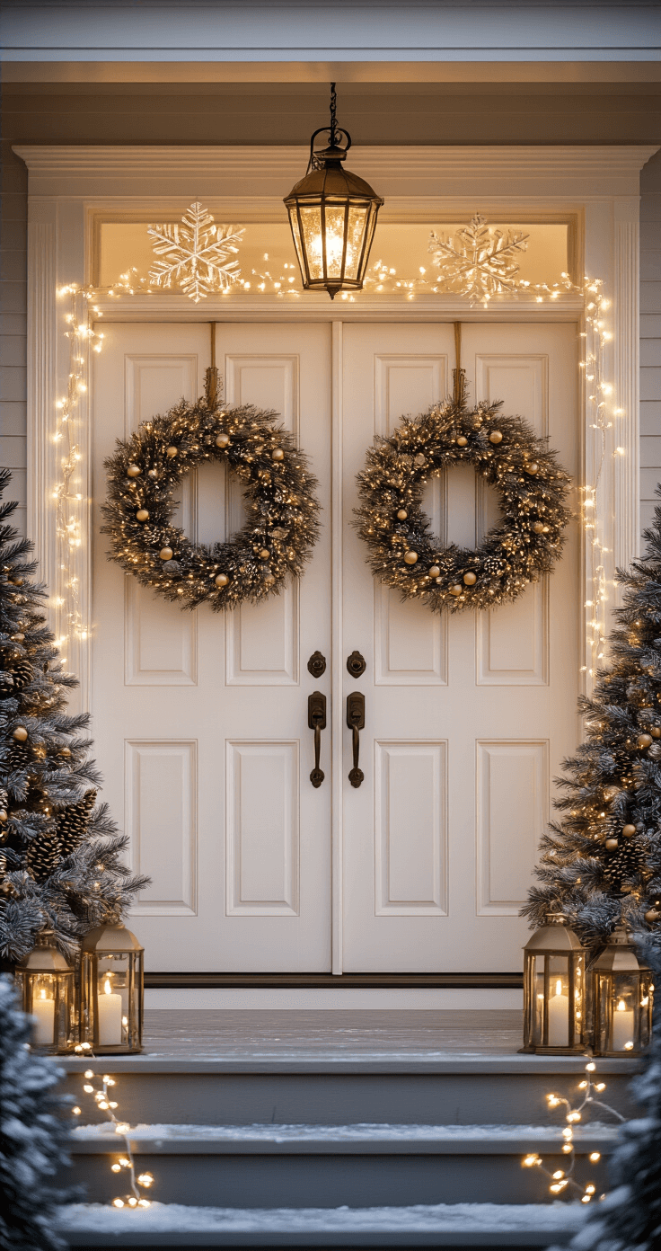 Elegant outdoor Christmas decor with symmetrical white and gold wreaths on double front doors, flanked by sophisticated light show trees, cascading snowflake rope lights, vintage brass lanterns with pine cone and eucalyptus clusters, and warm lighting creating a luxurious atmosphere, captured at a 45-degree angle during a soft winter sunset.