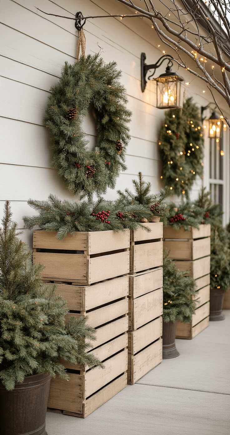 A rustic farmhouse decorated for Christmas featuring burlap and cream accents, vintage wooden crates, oversized pine wreaths, hanging lanterns on shepherd's hooks, and white string lights woven through bare branches, with fresh cedar and holly accents, and cast iron planters with winterberry branches, all captured in golden hour lighting.
