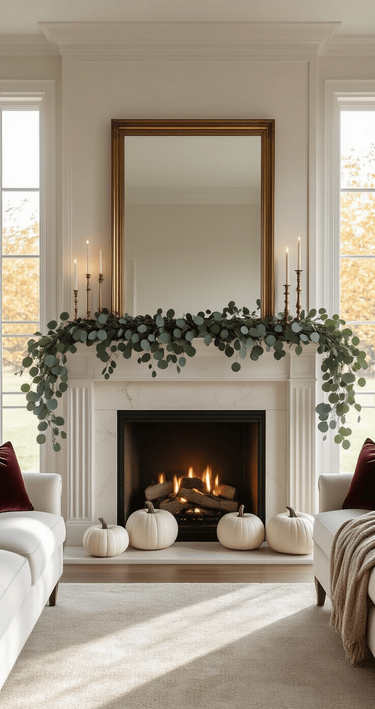 Ultra-realistic interior scene featuring a sophisticated fall fireplace mantel adorned with a draped eucalyptus garland, velvet pumpkins in ivory and deep burgundy, and brass candlesticks of varying heights, all illuminated by warm golden hour lighting filtering through large windows, with a large brass-framed mirror above the white limestone fireplace and soft shadows enhancing the cozy atmosphere of a living room with neutral linen furniture.