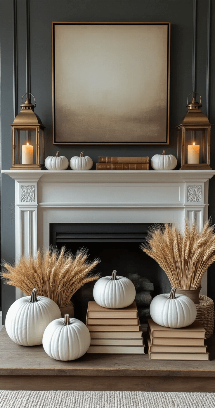 Moody autumn living room with dark gray walls, vintage brass lanterns with LED candles, white ceramic pumpkins, dried wheat bundles, layered vintage books, an oversized art piece in muted gold tones, and warm ambient lighting, captured from a low angle for depth and dimension.