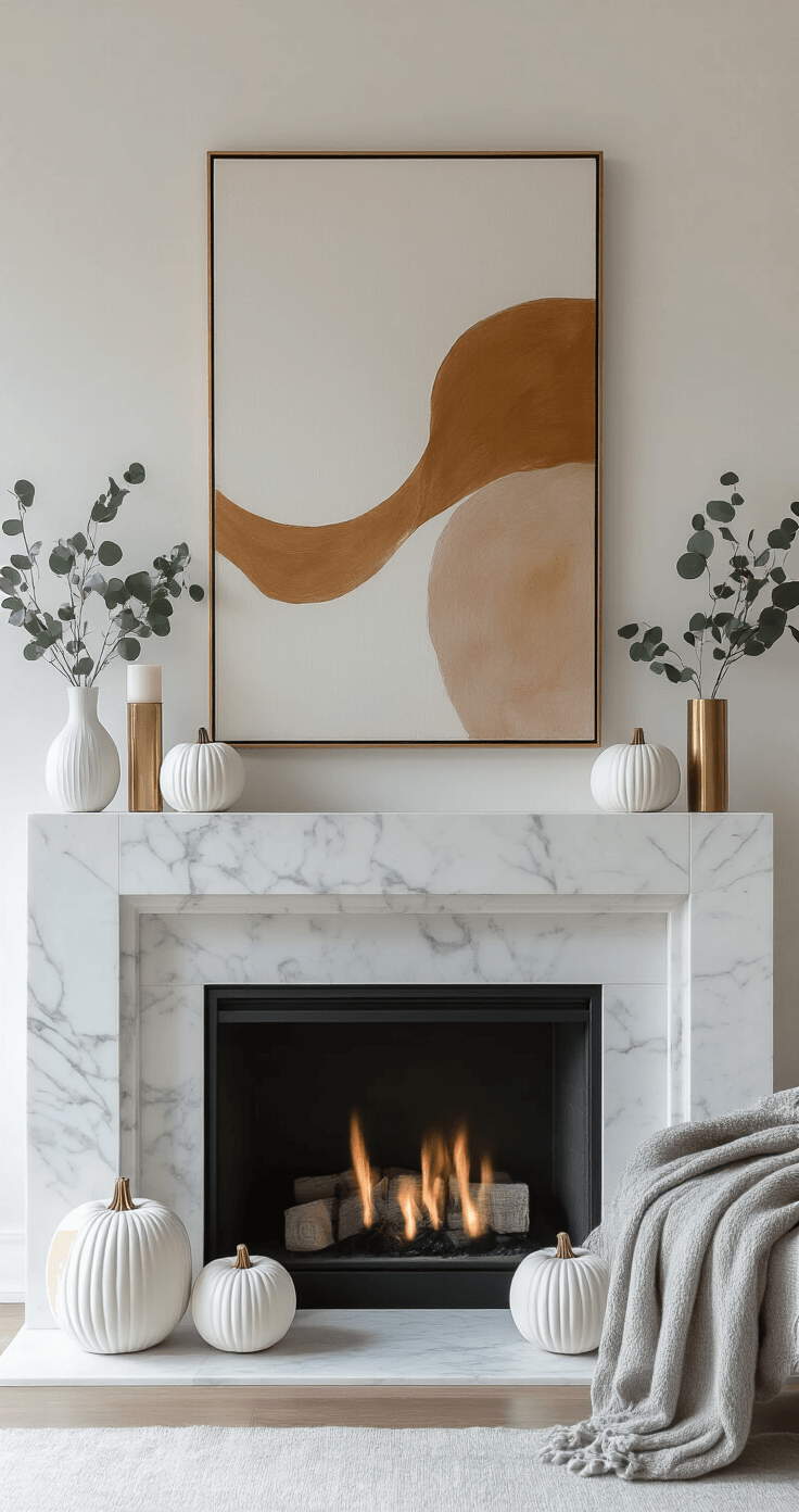 Minimalist fall mantel featuring a white marble fireplace, large abstract art piece in autumnal tones, sculptural white ceramic pumpkins, brass geometric candleholders, eucalyptus branches, soft gray cashmere throws, and dramatic architectural lighting.