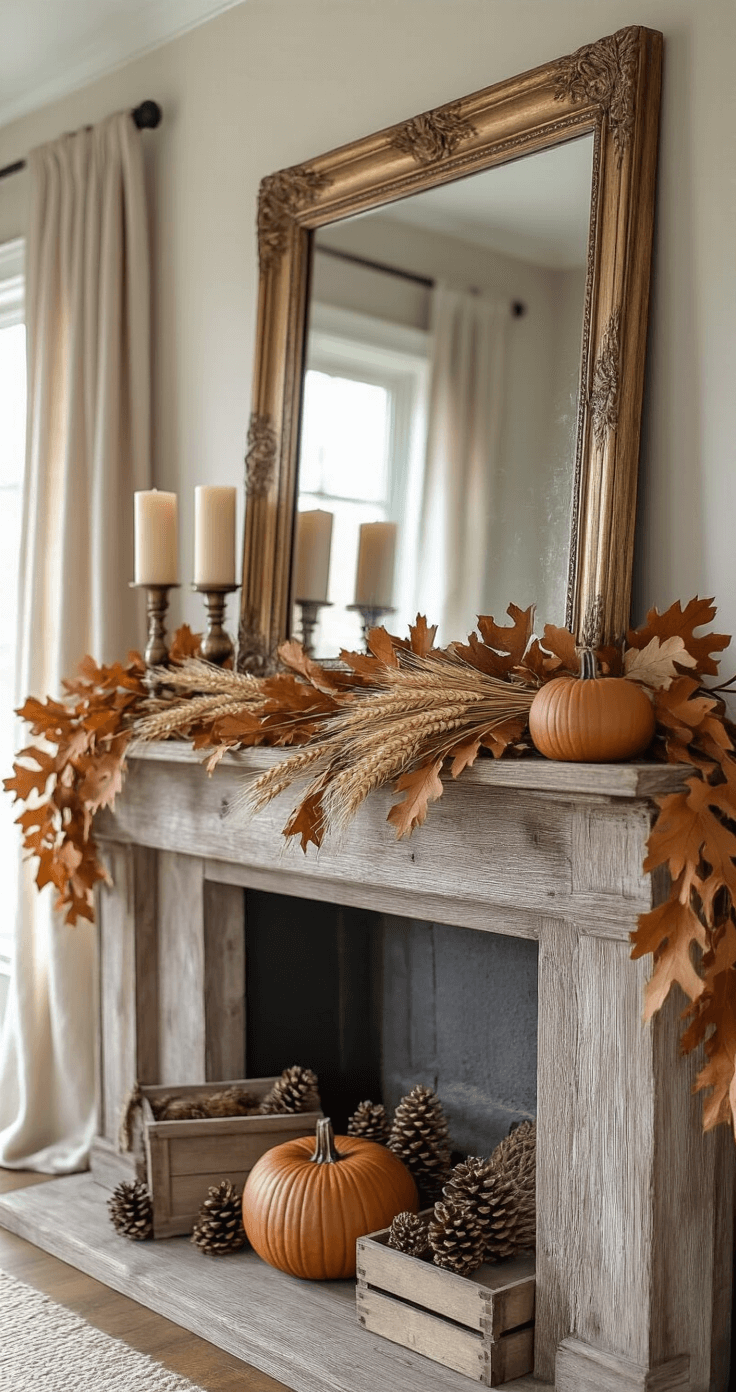 A rustic farmhouse mantel adorned with a weathered wooden beam, a vintage mirror, a garland of dried oak leaves and wheat, antique brass candlesticks with cream candles, and velvet pumpkins in muted tones, all softly lit by afternoon sunlight streaming through partially drawn linen curtains.
