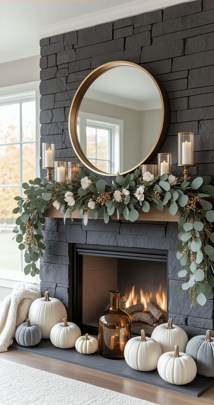 A luxurious fall mantel design featuring a dark charcoal stone fireplace, an oversized round brass-trimmed mirror, and a garland of preserved eucalyptus and magnolia leaves. The scene includes asymmetrically grouped white and gray velvet pumpkins, varying heights of crystal and brass candleholders, amber glass decorative bottles, subtle metallic accents, and a soft cashmere throw. Dramatic side lighting casts sculptural shadows, highlighting intricate textures.