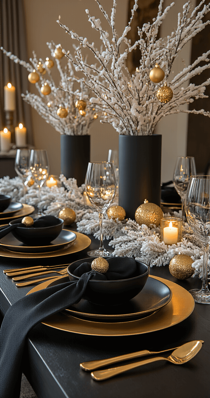 Elegant Christmas dining room featuring a long black table runner, gold charger plates, black porcelain dinner plates, and gold flatware. Crystal wine glasses complement a centerpiece of black vases with gold ornaments and white branches, all illuminated by soft candlelight and warm amber lighting.