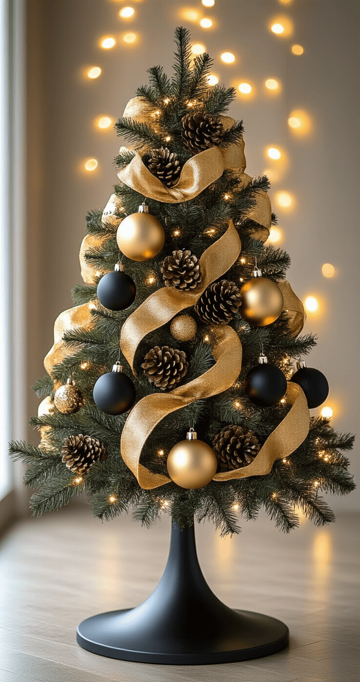 A sophisticated black and gold Christmas tree with a matte black base, adorned with warm white lights, large metallic gold baubles nestled in the branches, smaller matte black ornaments at the tips, cascading gold velvet ribbon, and interspersed natural pinecones, all captured from an angled perspective with soft studio lighting.