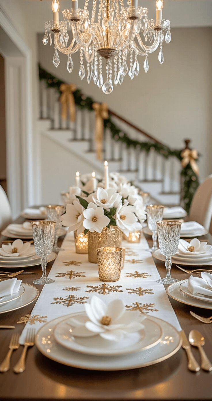 Intimate dining room with a long rectangular table adorned in a white and gold holiday tablescape featuring a linen runner, gold snowflake ornaments, mercury glass votives, elegant china, crystal stemware, and magnolia arrangements, illuminated by a crystal chandelier, with a partially decorated staircase in the background, all evoking a warm and luxurious atmosphere.