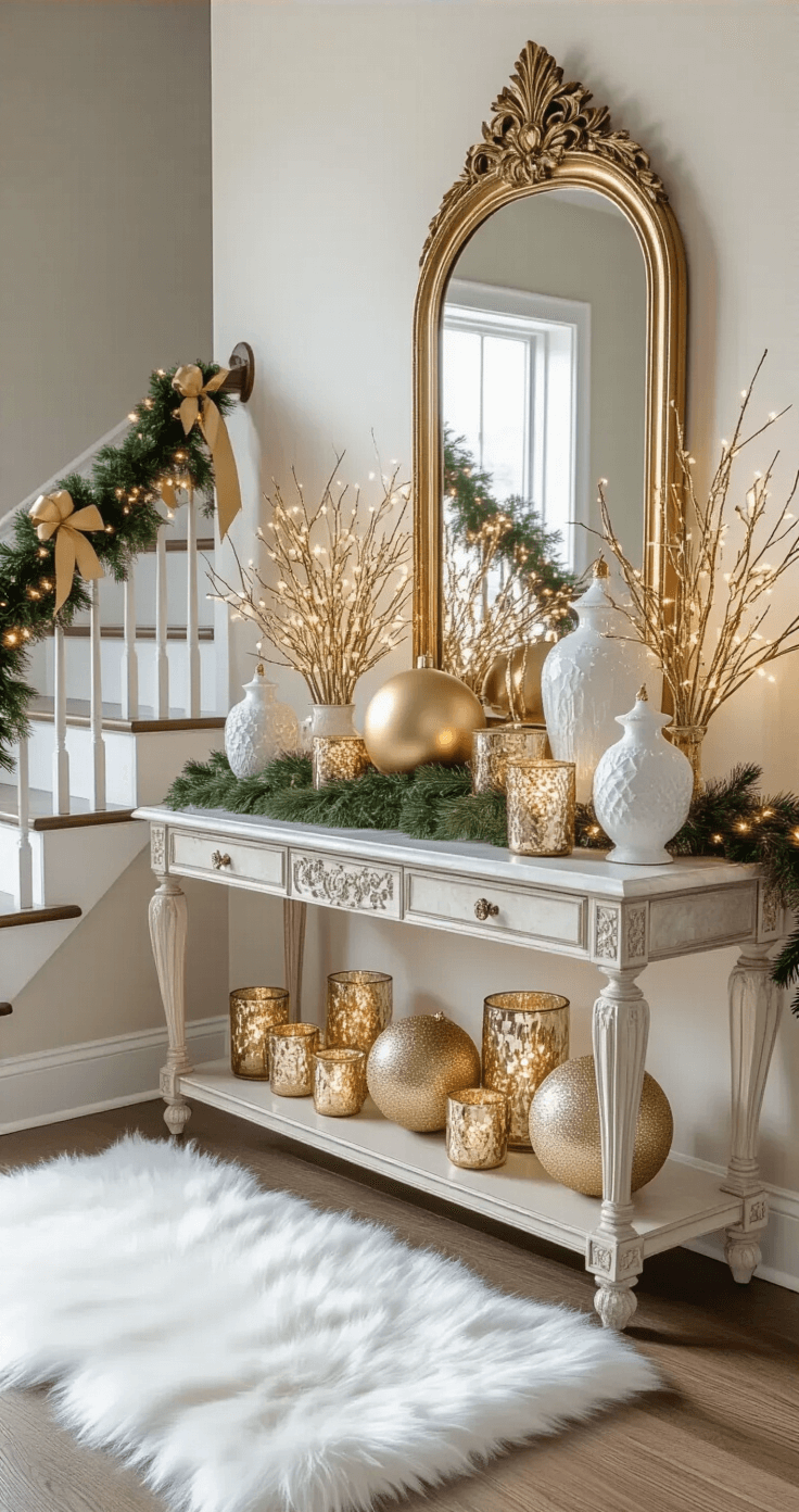 A beautifully styled entryway vignette featuring a classic console table with white and gold holiday decor, including oversized gold ornaments, white ceramic vases with gold leaf, and fairy lights entwined in greenery. The antique brass mirror reflects decorative objects on a marble surface adorned with mercury glass candleholders, while a white faux fur runner adds texture. Soft side lighting enhances metallic finishes, and a staircase with gold ribbon garland is partially visible, all captured at a three-quarter angle to showcase depth and layering.