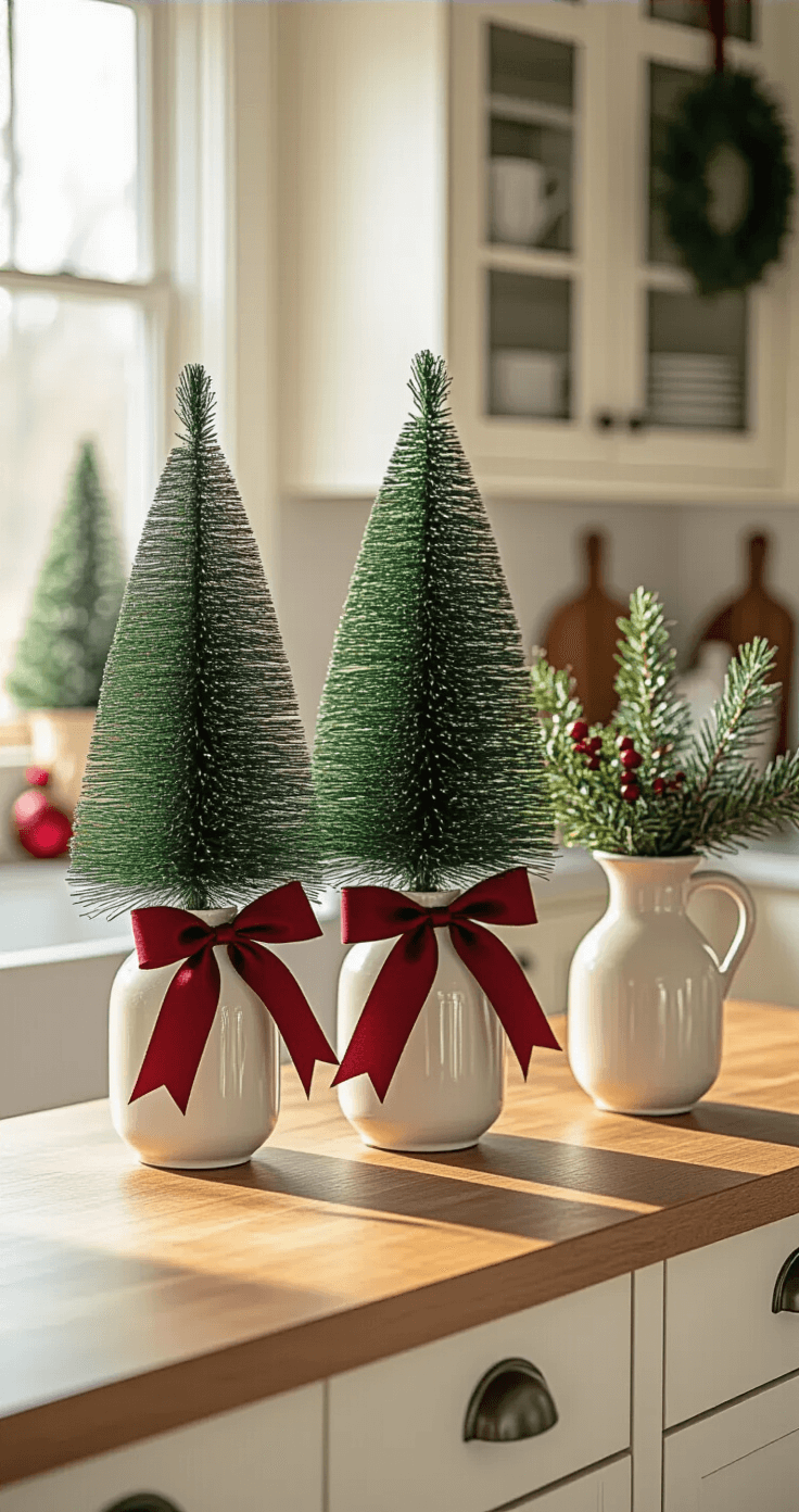 Cozy kitchen island adorned with varying-height burgundy and green bottle brush trees, elegantly tied burgundy ribbon on cabinet handles, and a small greenery vase, all illuminated by warm morning light with soft focus background.