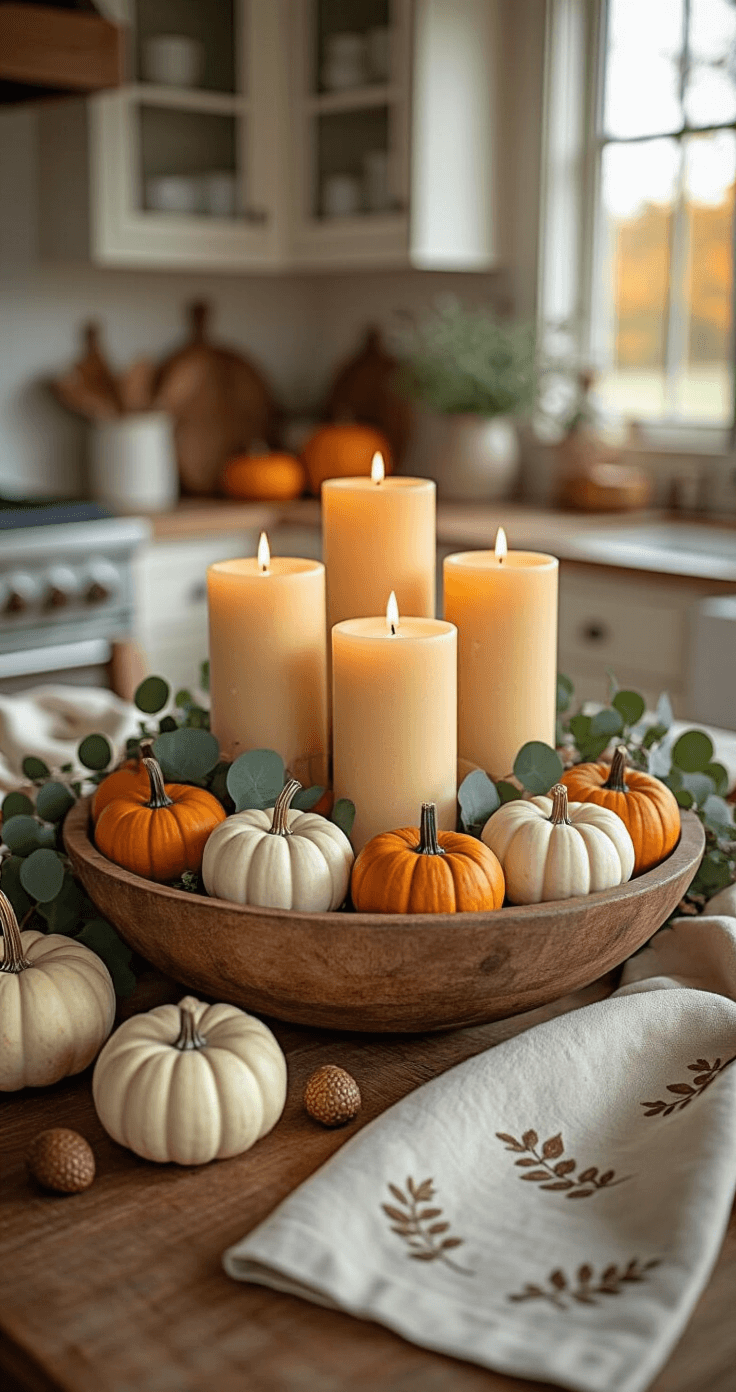 A cozy farmhouse kitchen at dusk, showcasing a rustic wooden dough bowl with three pillar candles, surrounded by mini pumpkins, bronze acorns, and eucalyptus sprigs, with soft linen napkins nearby, all in an autumnal color palette.