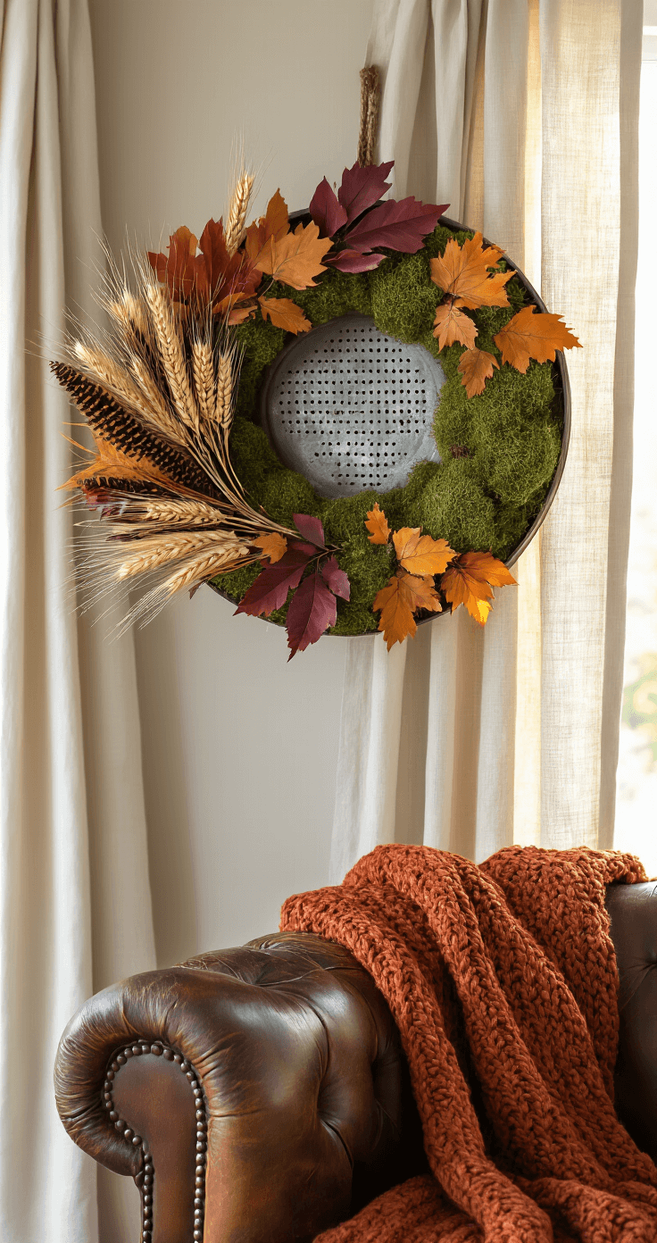 A cozy living room corner featuring a distressed leather armchair, a vintage grain sifter wreath filled with preserved moss, fall leaves, dried wheat stalks, and pheasant feathers, alongside a chunky knit throw in burnt orange tones, all illuminated by warm afternoon light.