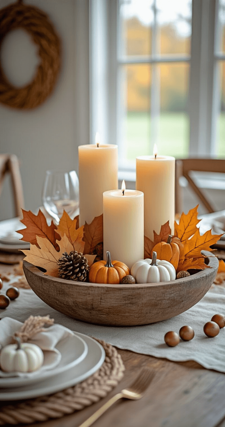 An intimate dining table vignette featuring a low, elegant centerpiece in a reclaimed wooden dough bowl, surrounded by pillar candles of varying heights, waxed fall leaves with a golden sheen, mini white pumpkins, and scattered copper-toned acorns, all set under diffused natural light with a soft linen table runner and a handmade braided rope wreath in the background.