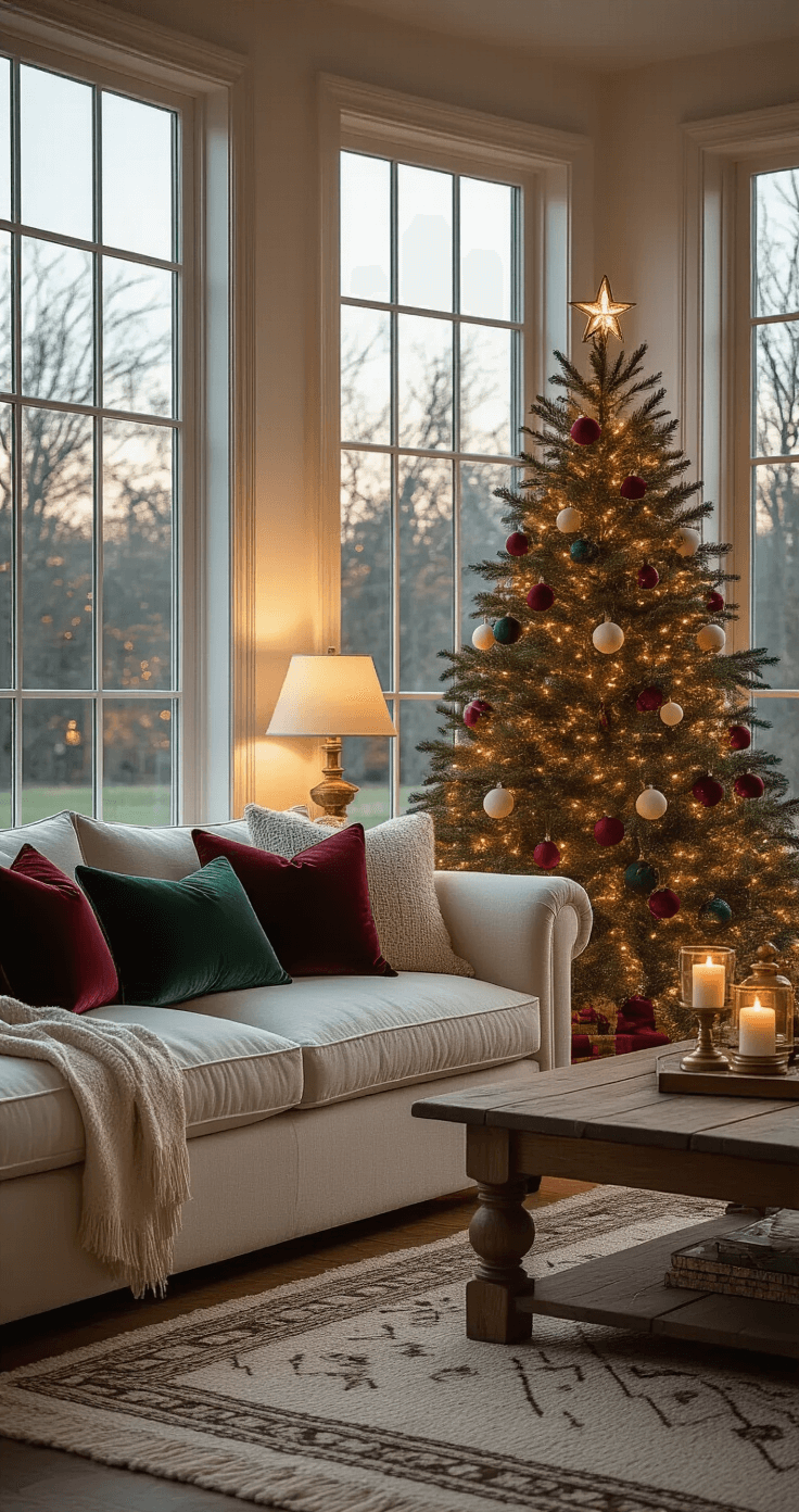 Ultra-detailed cozy living room at dusk with a noble fir Christmas tree, warm white lights, a cream linen sofa with emerald velvet pillows, a handwoven wool rug, and brass candleholders on a reclaimed wood coffee table, all softly illuminated by warm amber lighting.