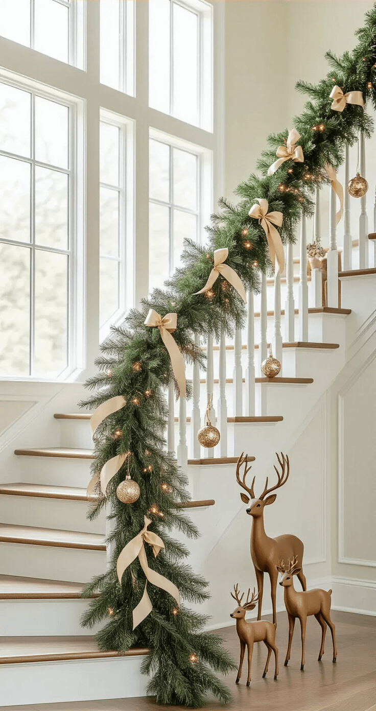 Elegant staircase adorned with a white banister draped in lush pine garland and champagne gold ribbon, featuring glass ornaments and handcrafted wooden deer figurines, bathed in soft natural light from large windows, showcasing a sage green and ivory color palette.