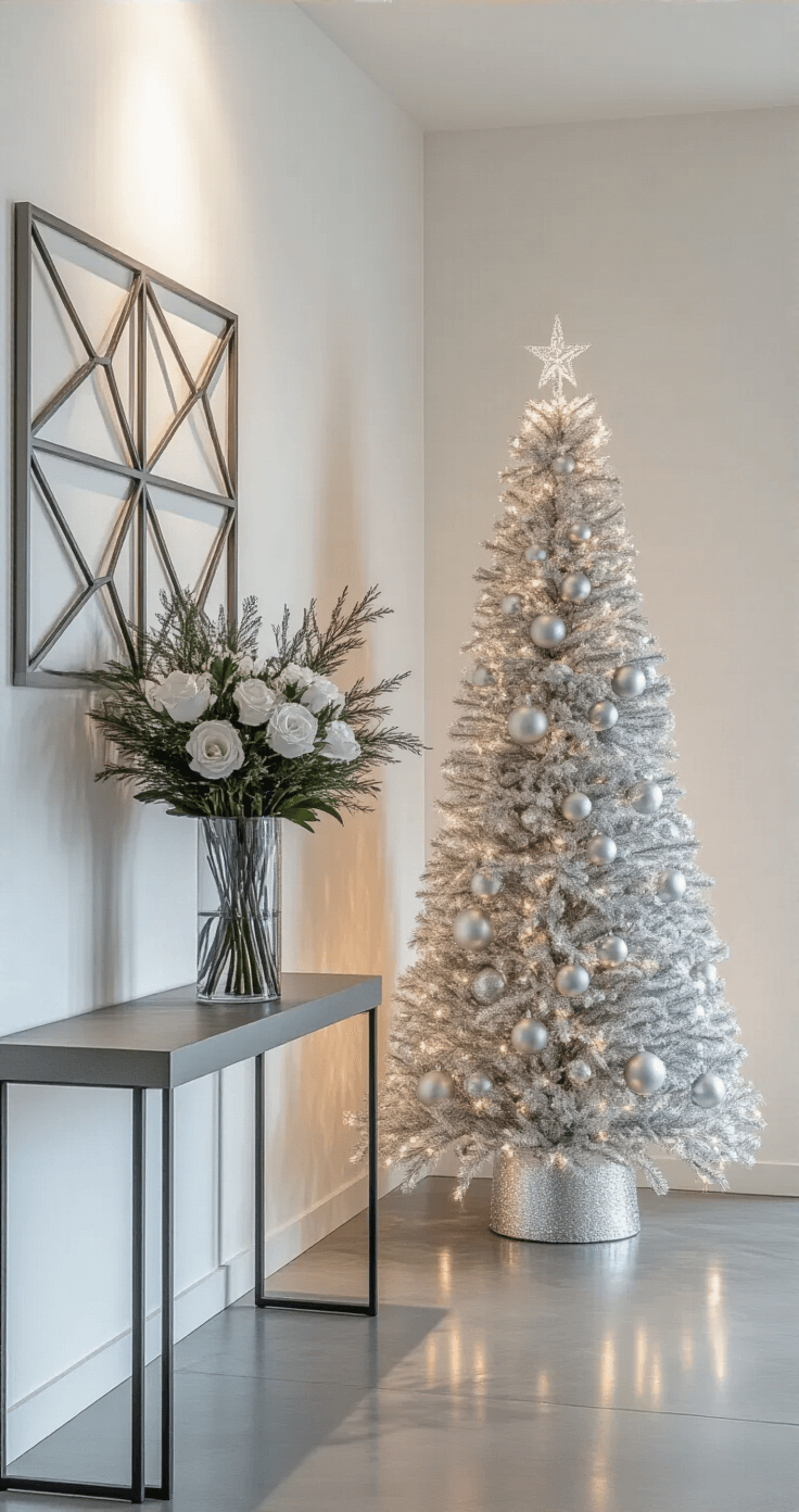 A modern minimalist entryway showcasing a slim pencil Christmas tree adorned with metallic silver ornaments, positioned in a corner against white walls, accompanied by a sleek console table with a tall glass vase floral arrangement, set on a textured concrete floor, featuring geometric metal wall art and soft evening light creating elegant shadows.