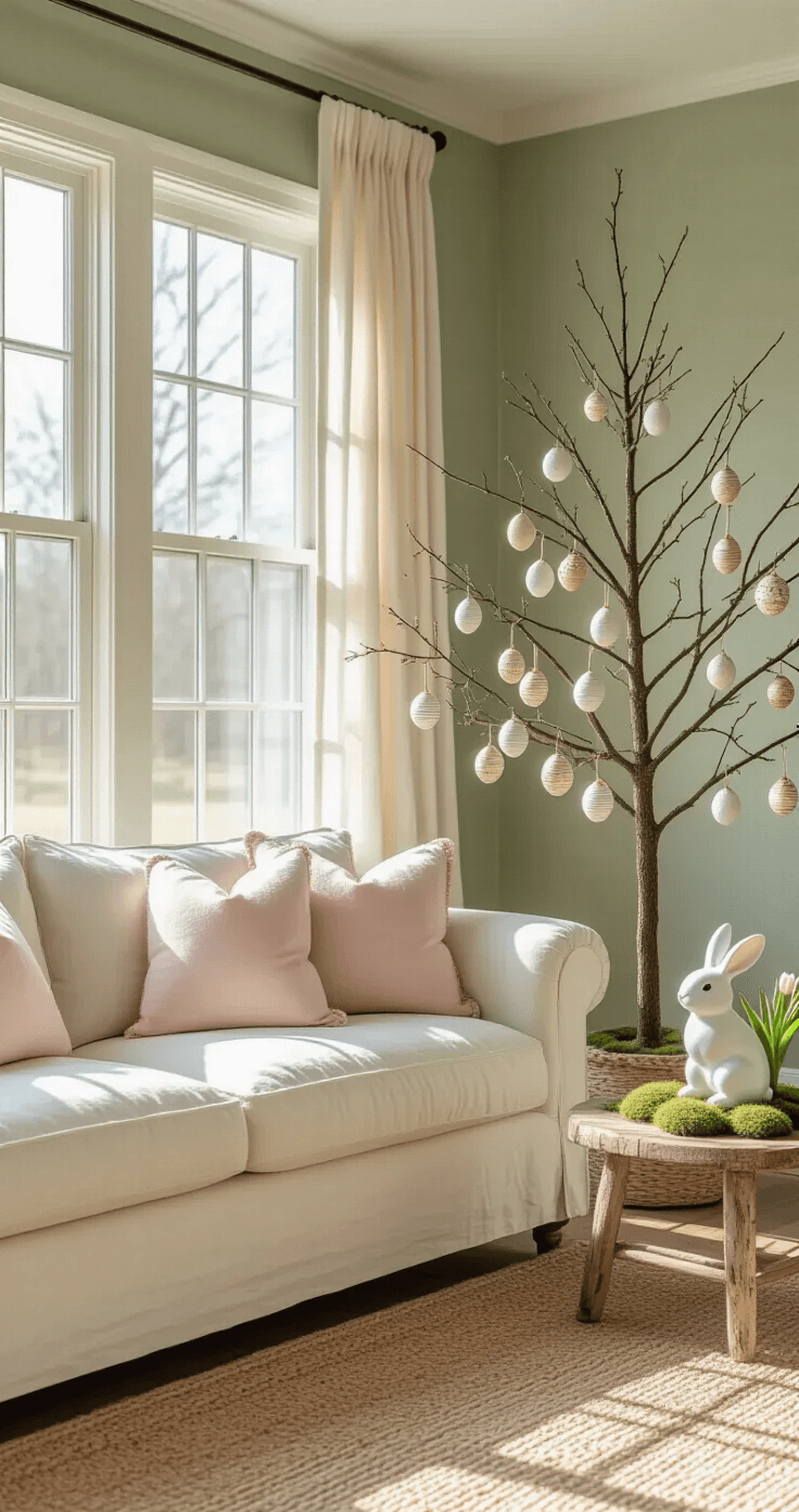 Sunlight-filled farmhouse living room featuring a delicate Easter tree with hand-painted white and gold honeycomb eggs, a cream linen sofa with pastel pink pillows, and a ceramic bunny figurine on a wooden side table, all illuminated by morning light through sheer curtains.