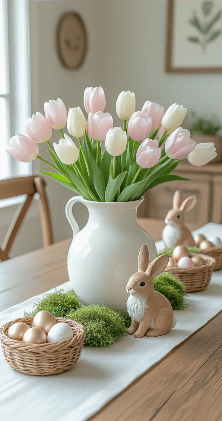 Elegant dining table centerpiece for Easter featuring a vintage white ceramic vase with pale pink and cream tulips on a white linen runner, surrounded by decorative eggs in muted gold and blush tones, sage greenery, and a wooden bunny figurine, all set against natural wooden chairs.