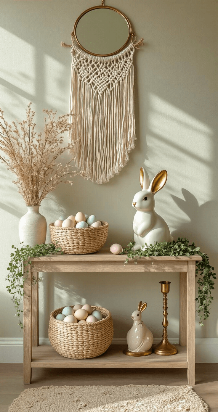 Boho-inspired entryway console decorated for Easter, featuring a macramé wall hanging, brass-framed mirror, wooden console with pastel eggs, ceramic bunny, vintage brass candlesticks, and trailing greenery, all in a soft sage and blush color palette, against a textured neutral wall illuminated by morning light.