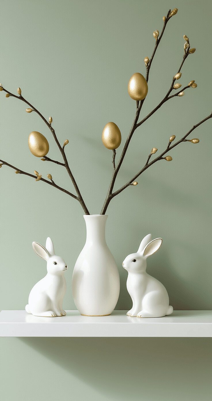 Minimalist mantel Easter display featuring three white ceramic bunnies with gold rims of varying heights, a tall white vase with a single branch adorned with delicate gold-leafed eggs, against a soft sage green wall and clean white floating shelves, illuminated by morning light casting gentle shadows.