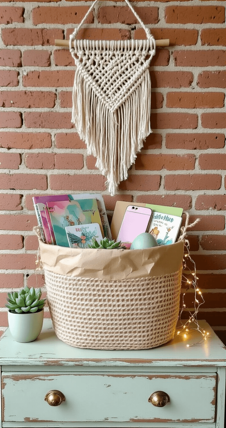 A bohemian teen bedroom featuring macramé wall hanging and exposed brick, showcasing a galvanized metal Easter bucket filled with graphic novels, watercolor art supplies, trendy phone accessories, a succulent in a ceramic pot, gift cards in plastic eggs, and fairy lights on a distressed wooden dresser. The color palette includes blush pink, sage green, and ivory with gold accents, captured from a low angle against a textured background.