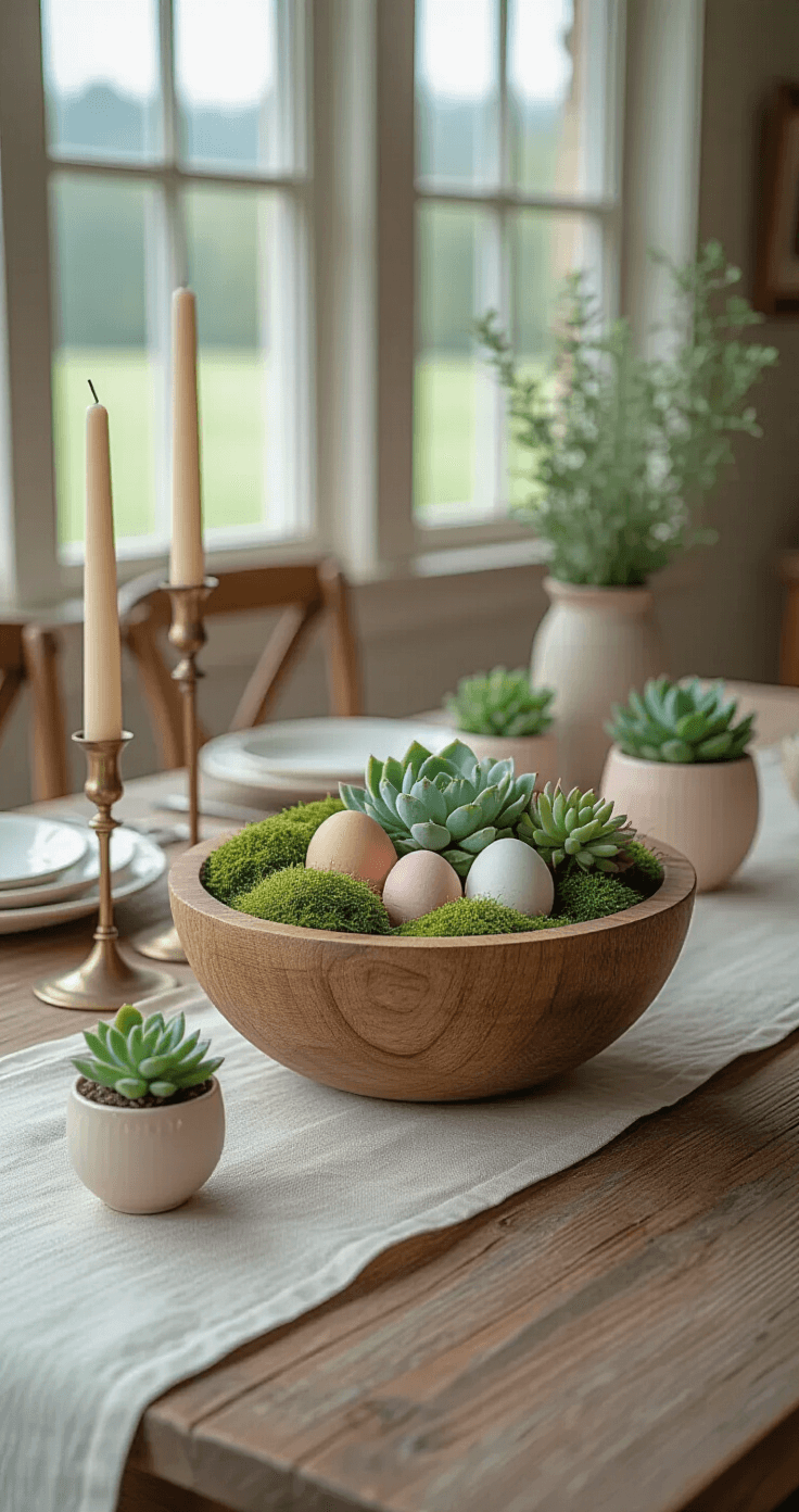 A cinematographic dining room scene featuring a wooden dough bowl filled with preserved moss and hand-painted ombré eggs in blush and cream tones, surrounded by miniature succulents in pastel ceramic pots. A natural linen table runner drapes softly over a weathered farmhouse wooden table, illuminated by diffused daylight from large windows, casting elegant shadows. Brass candlesticks with unlit cream candles are placed on either side, highlighting the layered textures and muted color palette.