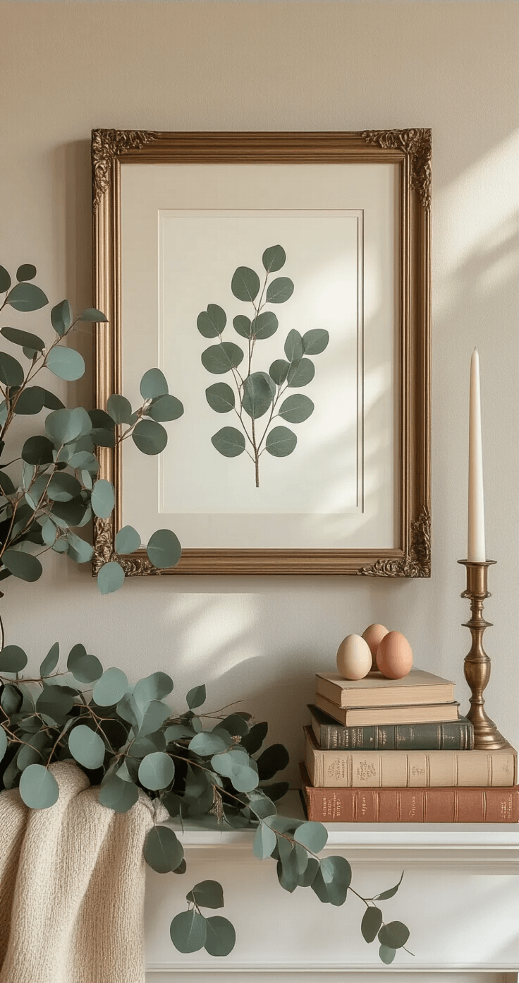 Sophisticated mantel styled with a botanical framed print at the center, brass candlesticks and vintage book stacks adorned with painted eggs, eucalyptus stems woven throughout, featuring a cream and coral color palette with metallic accents, all illuminated by soft afternoon light against a textured neutral wall.