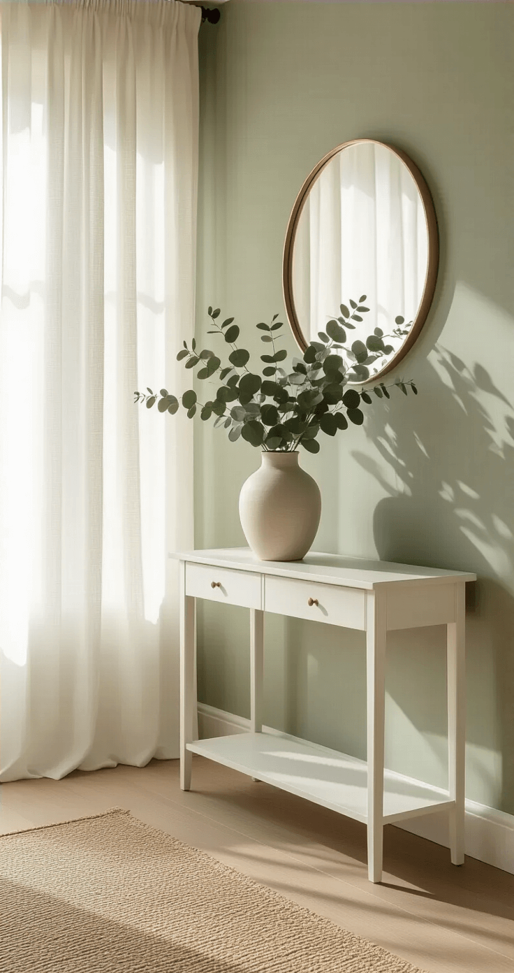Ultra-realistic entryway with soft natural light, featuring a white console table with a ceramic vase of eucalyptus, light hardwood floors, sage green walls, a round brass-framed mirror, and a woven jute runner, creating an airy and spacious atmosphere.