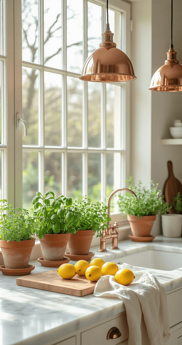 A bright modern kitchen with a large window overlooking a spring garden, featuring marble countertops, terracotta herb pots, light linen dish towels, soft cream walls, a wooden cutting board with Meyer lemons, and warm copper pendant lights, all bathed in soft natural light.