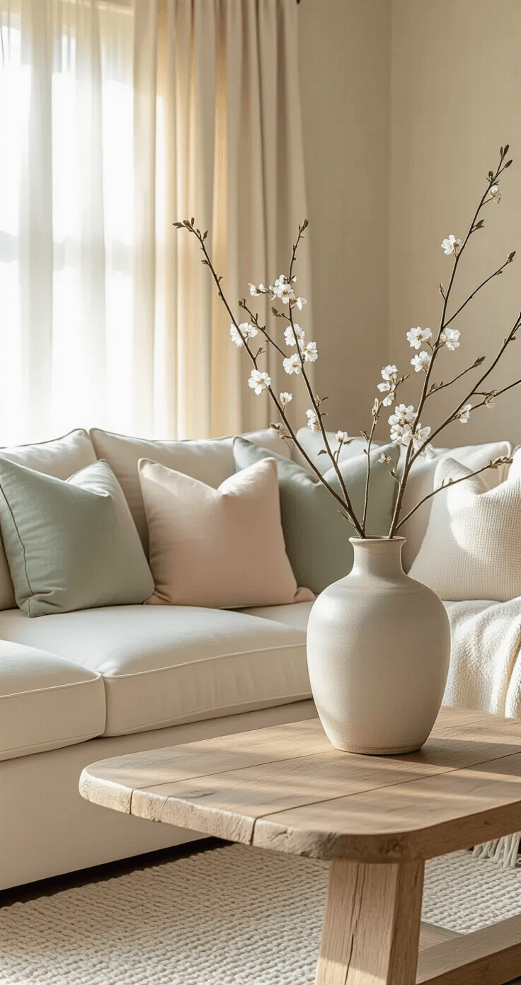 A serene living room featuring a cream sectional sofa with layered muted sage and blush throw pillows, a large vase with flowering branches, light linen curtains, a natural wood coffee table, and a soft textured area rug, all illuminated by gentle late afternoon sunlight.