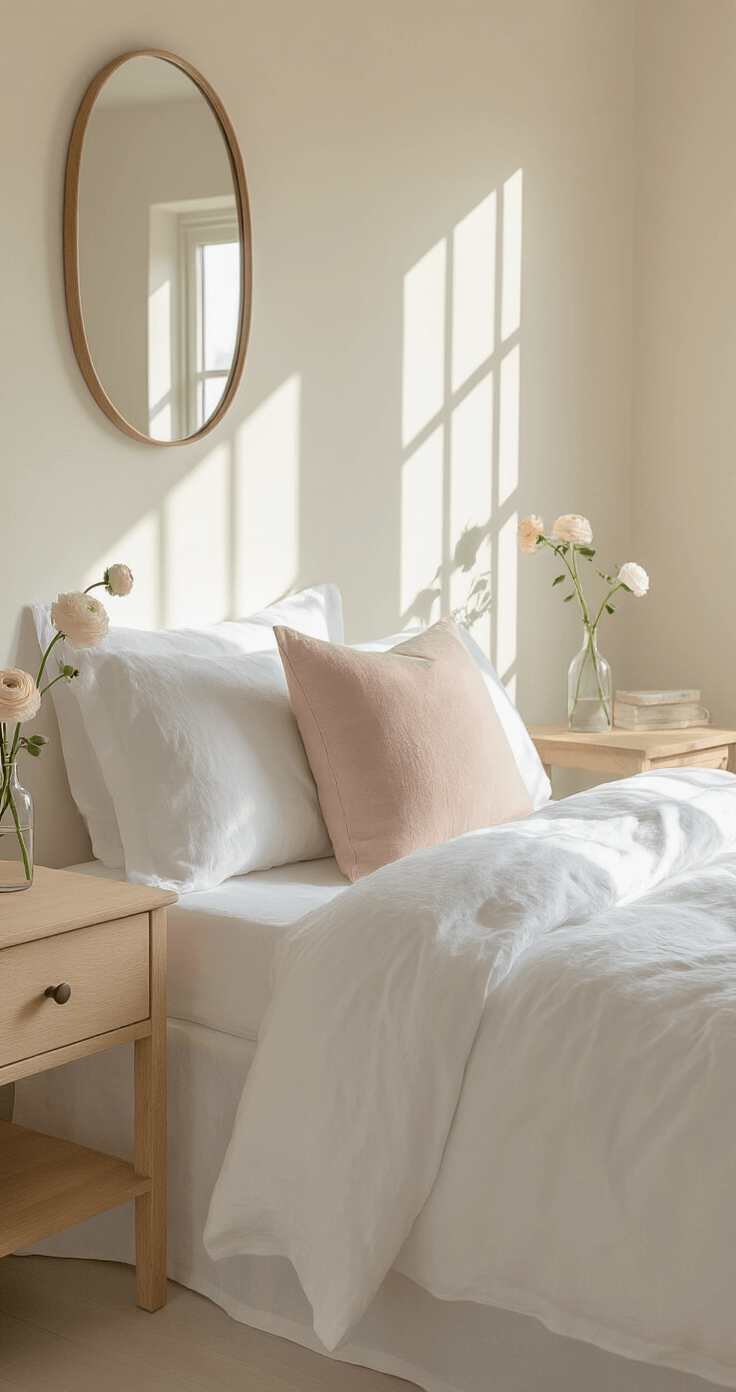 A serene minimal bedroom featuring crisp white linens, a blush accent pillow, a light wooden nightstand, and a small bud vase with a single ranunculus flower. The soft cream walls and large mirrors reflect gentle morning light, creating an ethereal atmosphere of calm and renewal.